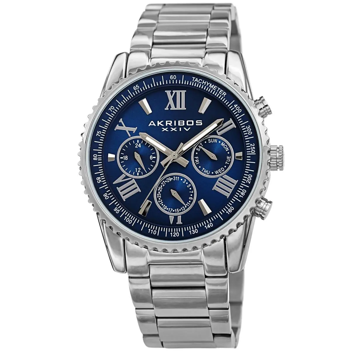 Men`s Akribos Xxiv AK1099 Multifunction Luminous Hands Link Bracelet Watch Blue on Silver by Akribos XXIV