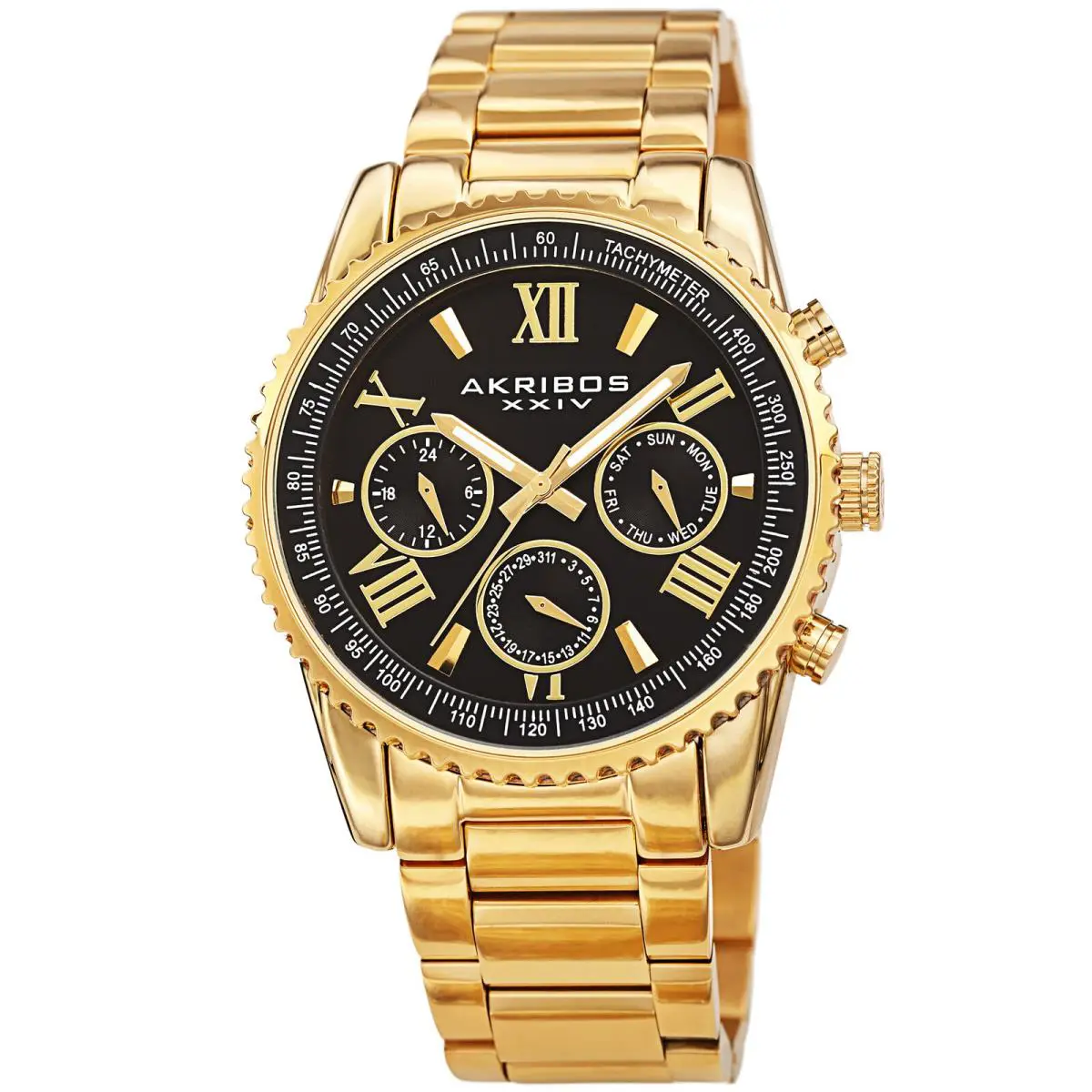 Men`s Akribos Xxiv AK1099 Multifunction Luminous Hands Link Bracelet Watch Gold Tone by Akribos XXIV