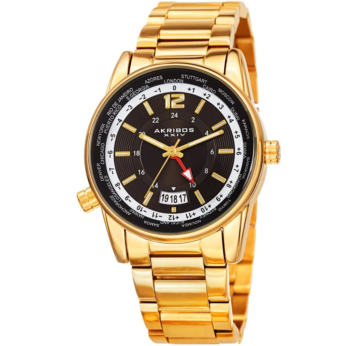Men`s Akribos Xxiv AK1021 Quartz Gmt Multifunction Stainless Steel Bracelet wa Gold by Akribos XXIV