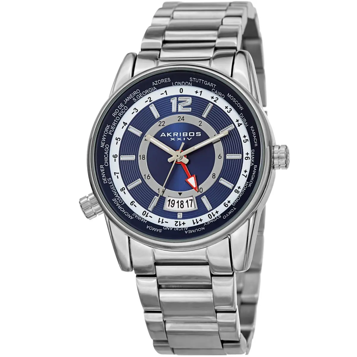 Men`s Akribos Xxiv AK1021 Quartz Gmt Multifunction Stainless Steel Bracelet wa Silver by Akribos XXIV