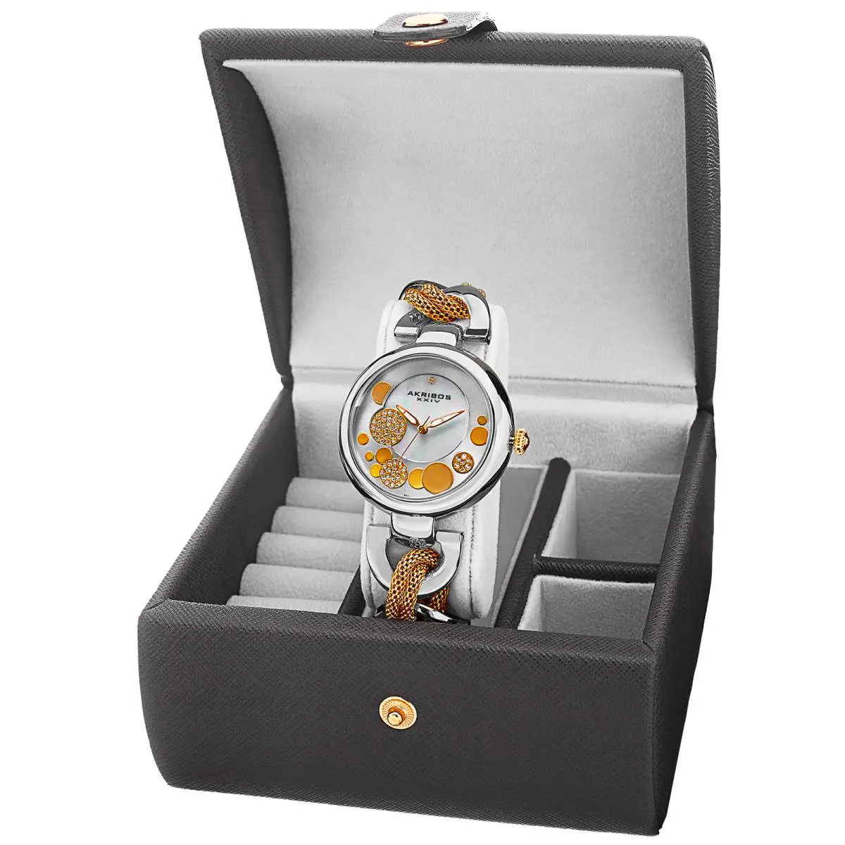Women`s Akribos Xxiv AK895 Diamond Twist Chain Watch Jewelry Gift Box Set Two Tone Gold by Akribos XXIV