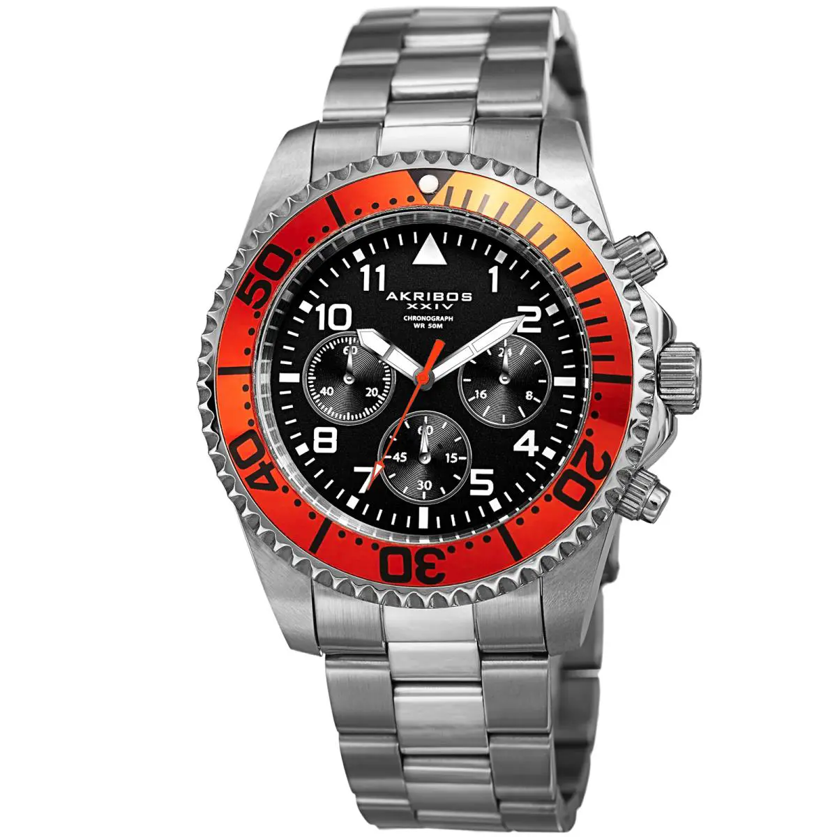Men`s Akribos Xxiv AK950 Diver Chronograph Stainless Steel Bracelet Watch Orange New Black by Akribos XXIV