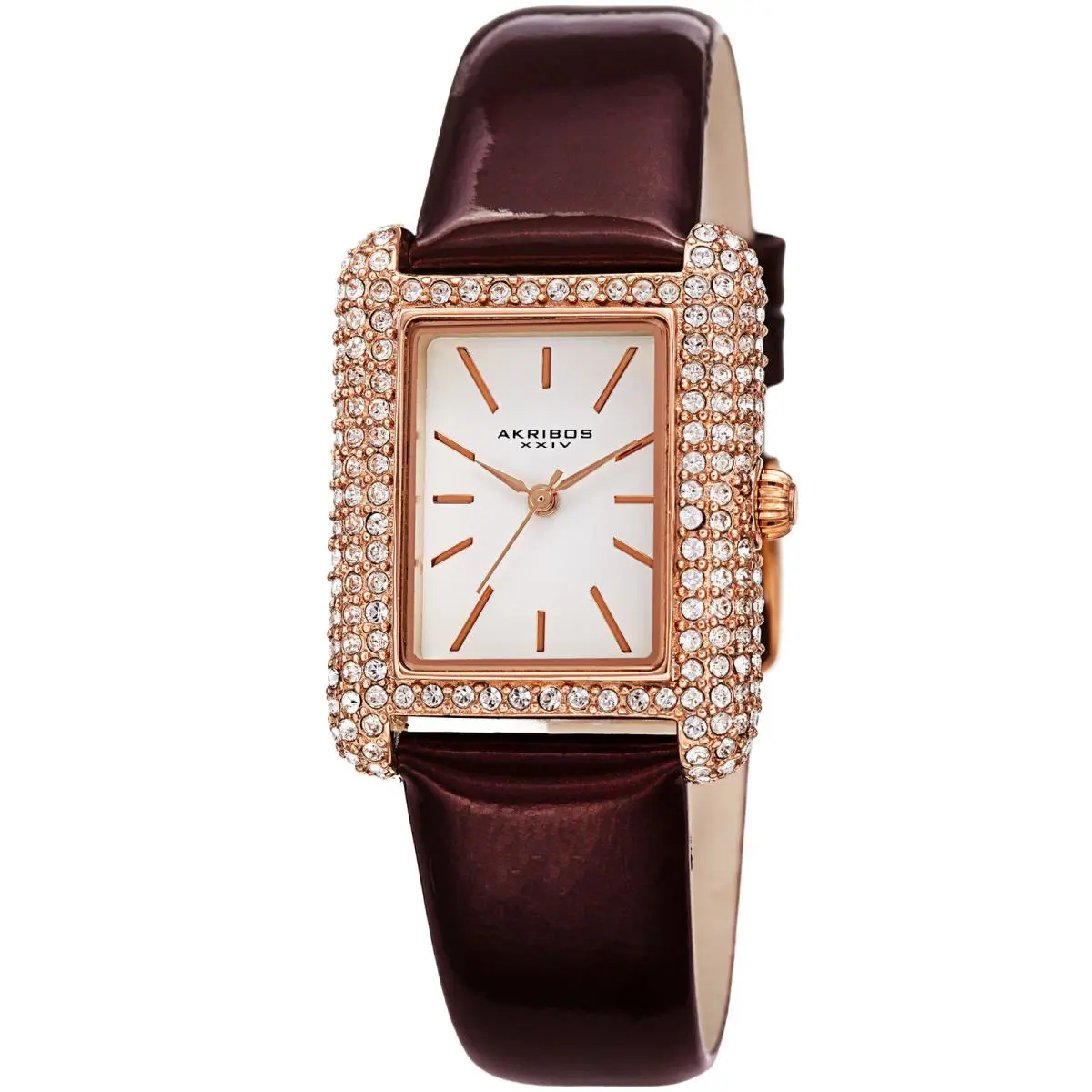 Women`s Akribos Xxiv AK1068 Swarovski Crystal Tank Patent Leather Strap Watch Chocolate Brown by Akribos XXIV