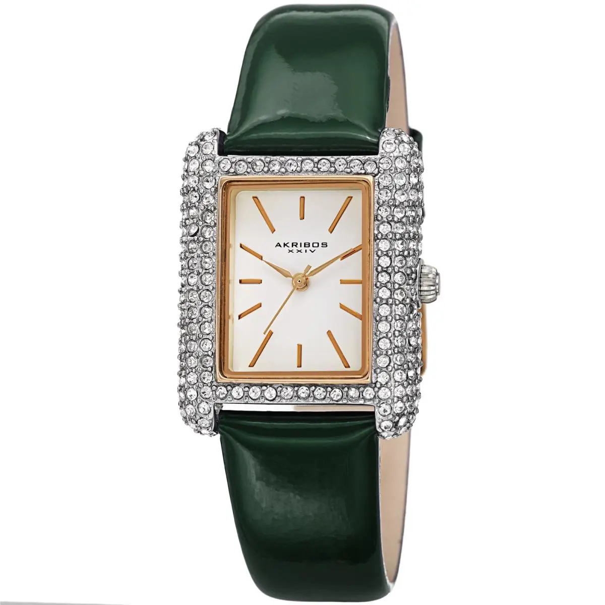 Women`s Akribos Xxiv AK1068 Swarovski Crystal Tank Patent Leather Strap Watch Hunter Green by Akribos XXIV
