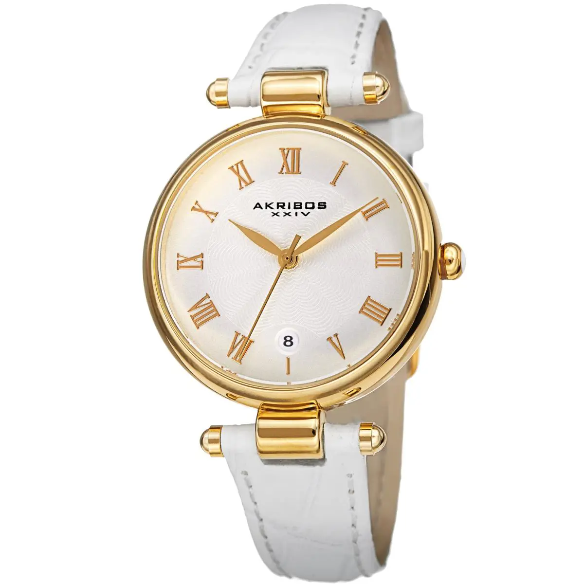 Women`s Akribos Xxiv AK1070 Classic Date Crocodile Style Leather Strap Watch Snow White by Akribos XXIV