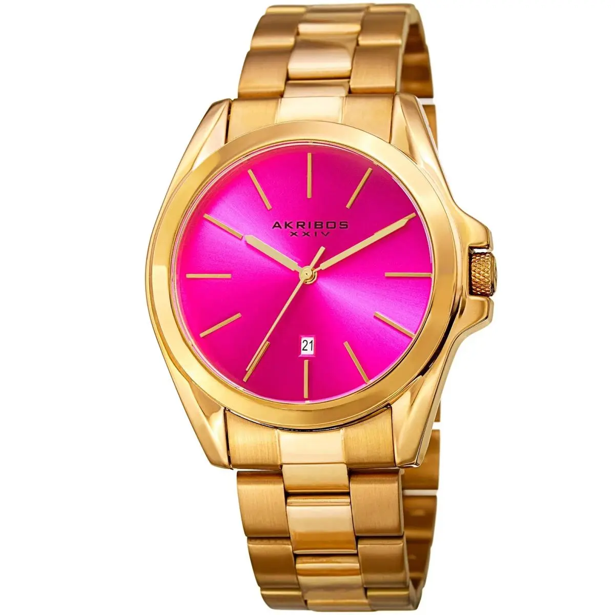 Akribos Xxiv AK948YGPK Hot Pink Sunburst Dial Date Quartz Bracelet Men`s Watch