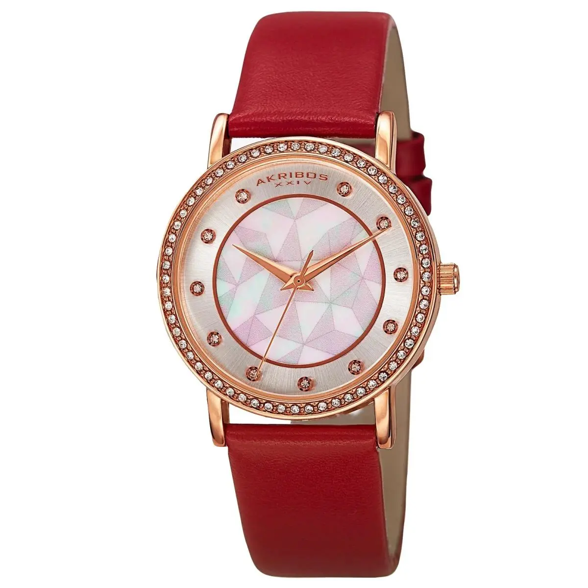 Women`s Akribos Xxiv AK791RD Crystal White Mother of Pearl Dial Red Strap Watch