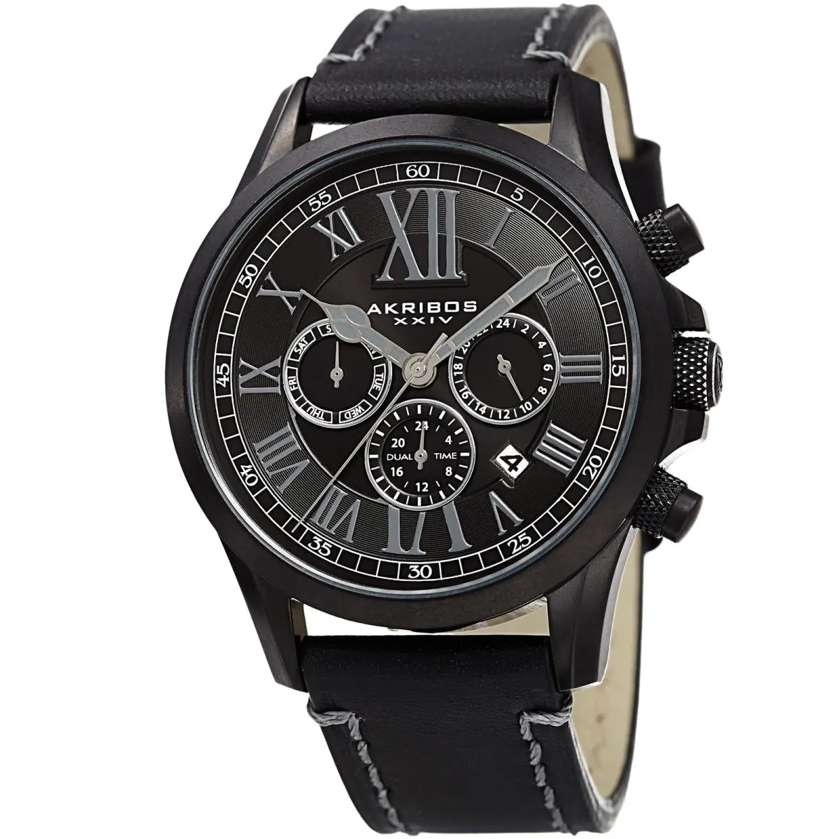 Men`s Akribos Xxiv AK897BK Dual Time Zone Leather with Contrast Stitching Watch