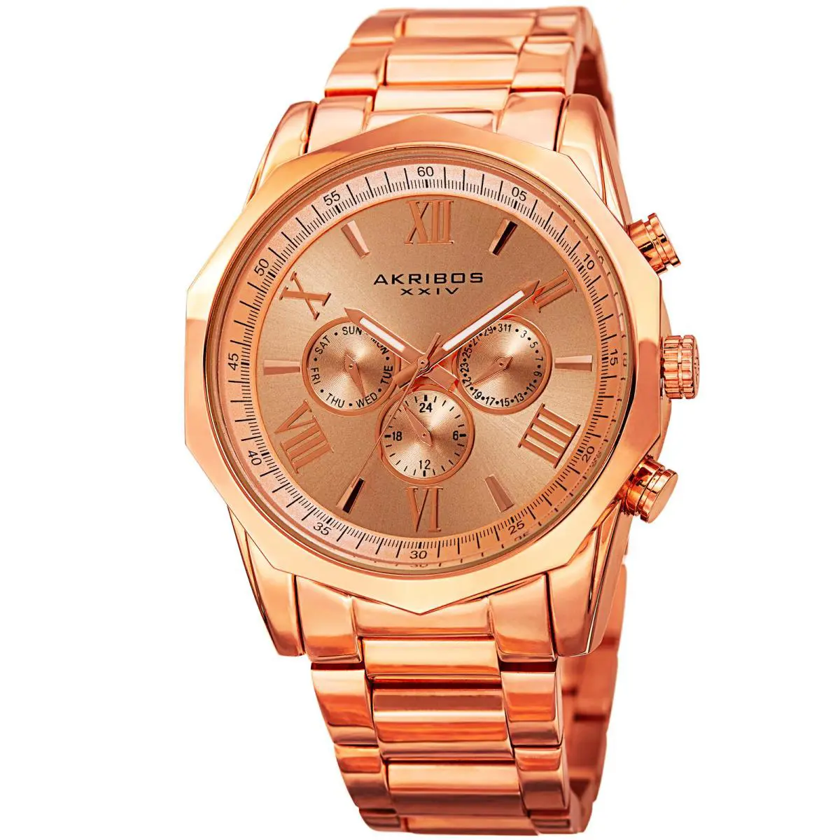 Men`s Akribos Xxiv AK940RG Two Time Zone Rose Dodecagonal Steel Bracelet Watch