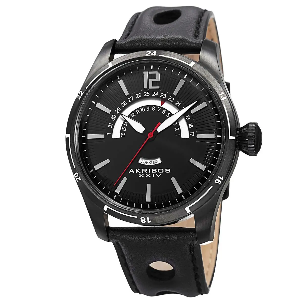 Men`s Akribos Xxiv AK850BK All Black Retrograde Date Leather Strap Watch