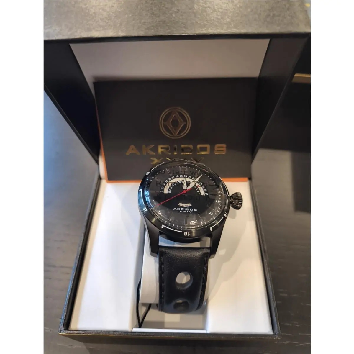 Men`s Akribos Xxiv AK850BK All Black Retrograde Date Leather Strap Watch