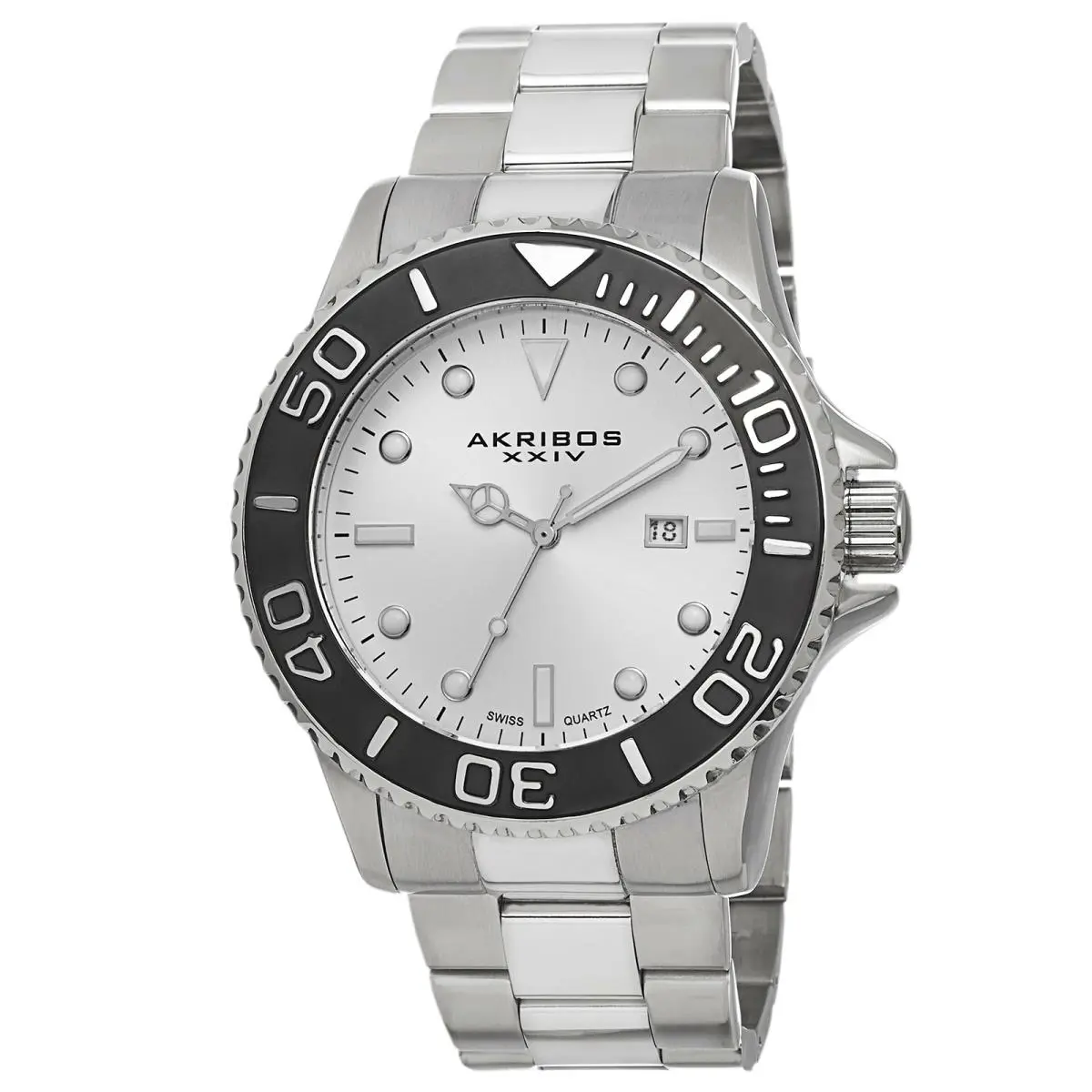 Men`s Akribos Xxiv AK674SS Swiss Date White Sunray Dial Stainless Steel Watch by Akribos XXIV
