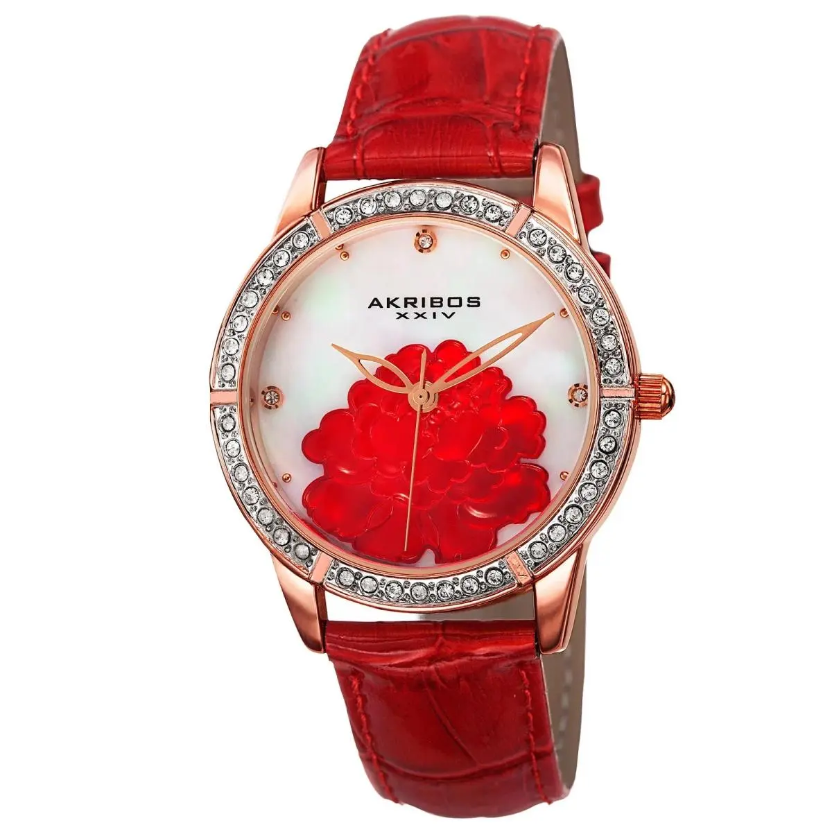 Women`s Akribos Xxiv AK805RD Quartz Red Flower Mop Dial Red Leather Strap Watch