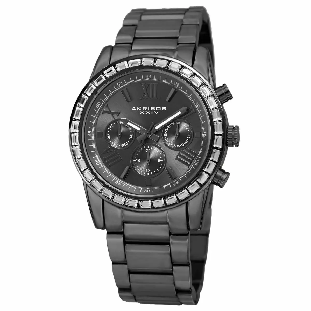 Women`s Akribos Xxiv AK943GN 24 Hour Indicator Swarovski Crystal Bezel Watch B02