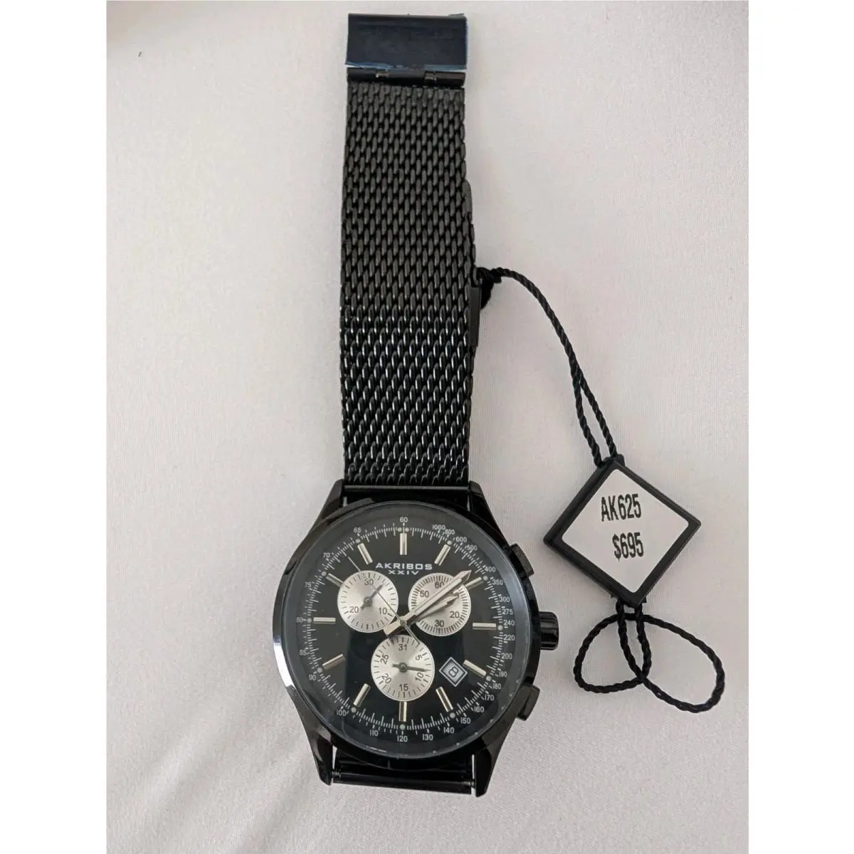 Akribos Xxiv AK625BK Chronograph Black Dial Black Steel Mens Mesh Watch 165F
