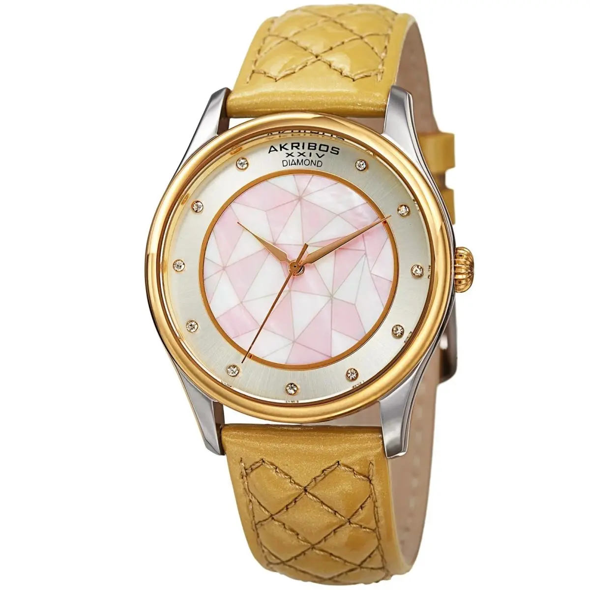 Akribos Xxiv AK925GLD Diamond and Mother of Pearl Leather Quilted Women`s Watch