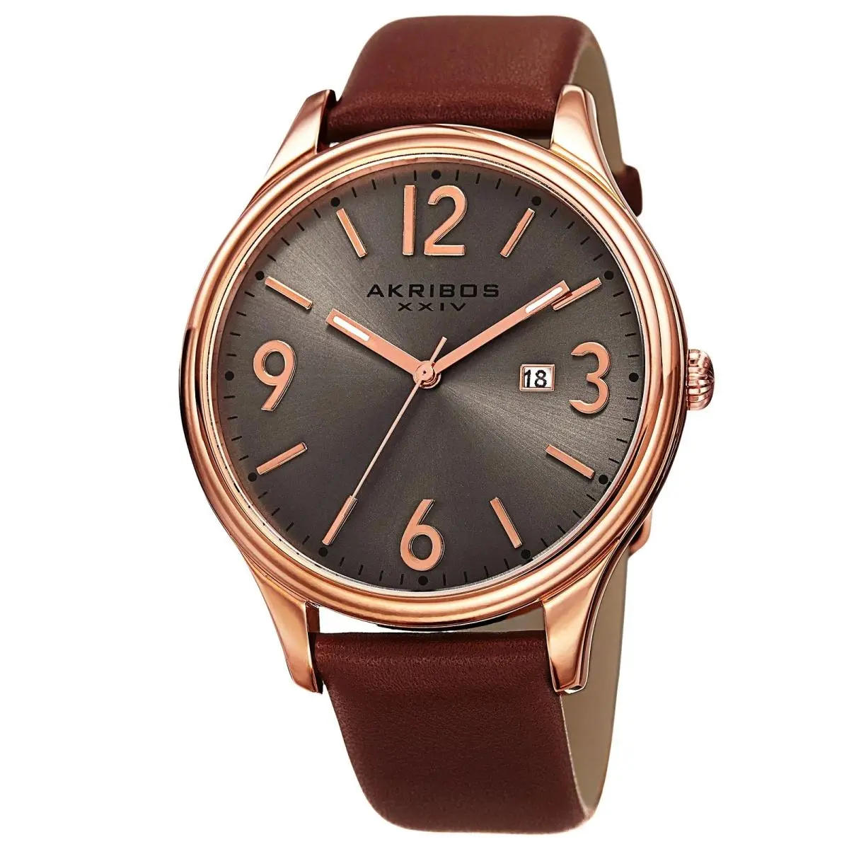 Akribos Xxiv AK869RG Men`s Gunmetal Sunray Date Dial Brown Leather Strap Watch