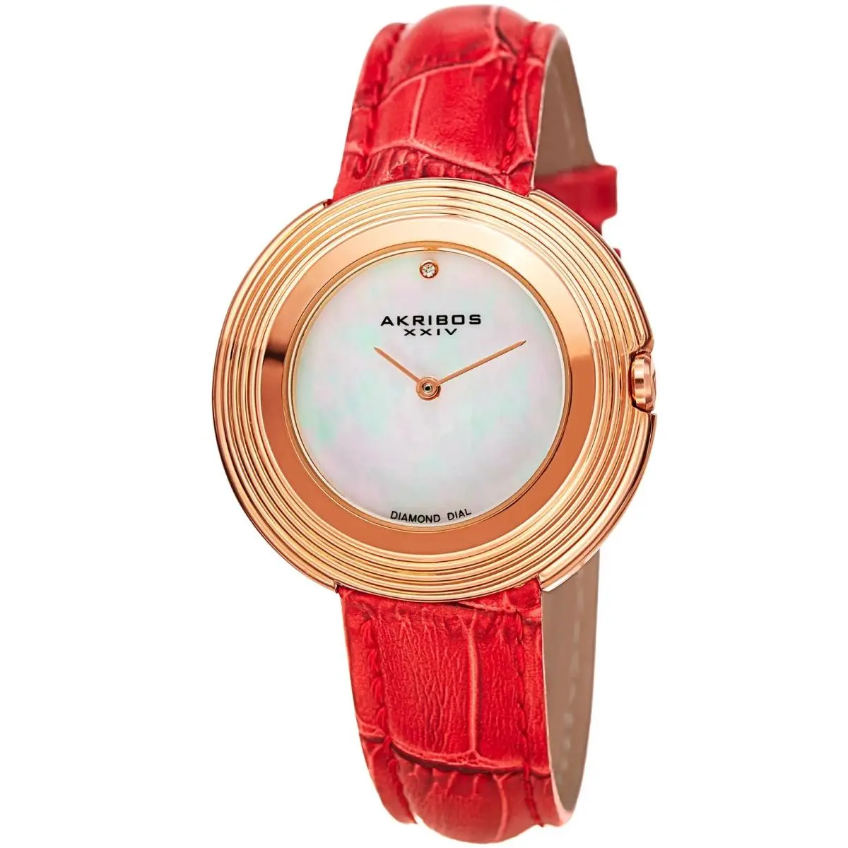 Women`s Akribos Xxiv AK876RD Rose Gold Tone Case Diamond Dial Red Strap Watch
