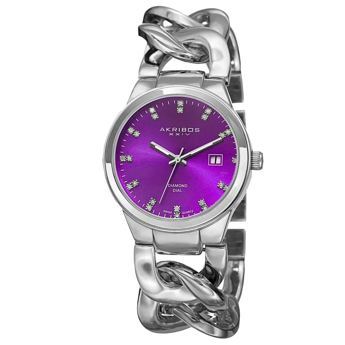 Women`s Akribos Xxiv AK759SSPU Diamond Purple Dial Chain Style Bracelet Watch