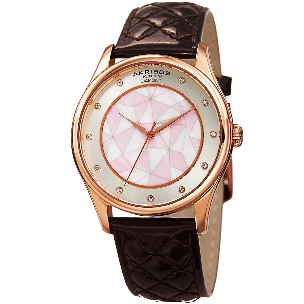 Women`s Akribos Xxiv AK925BR Diamond and Mother of Pearl Leather Quilted Watch