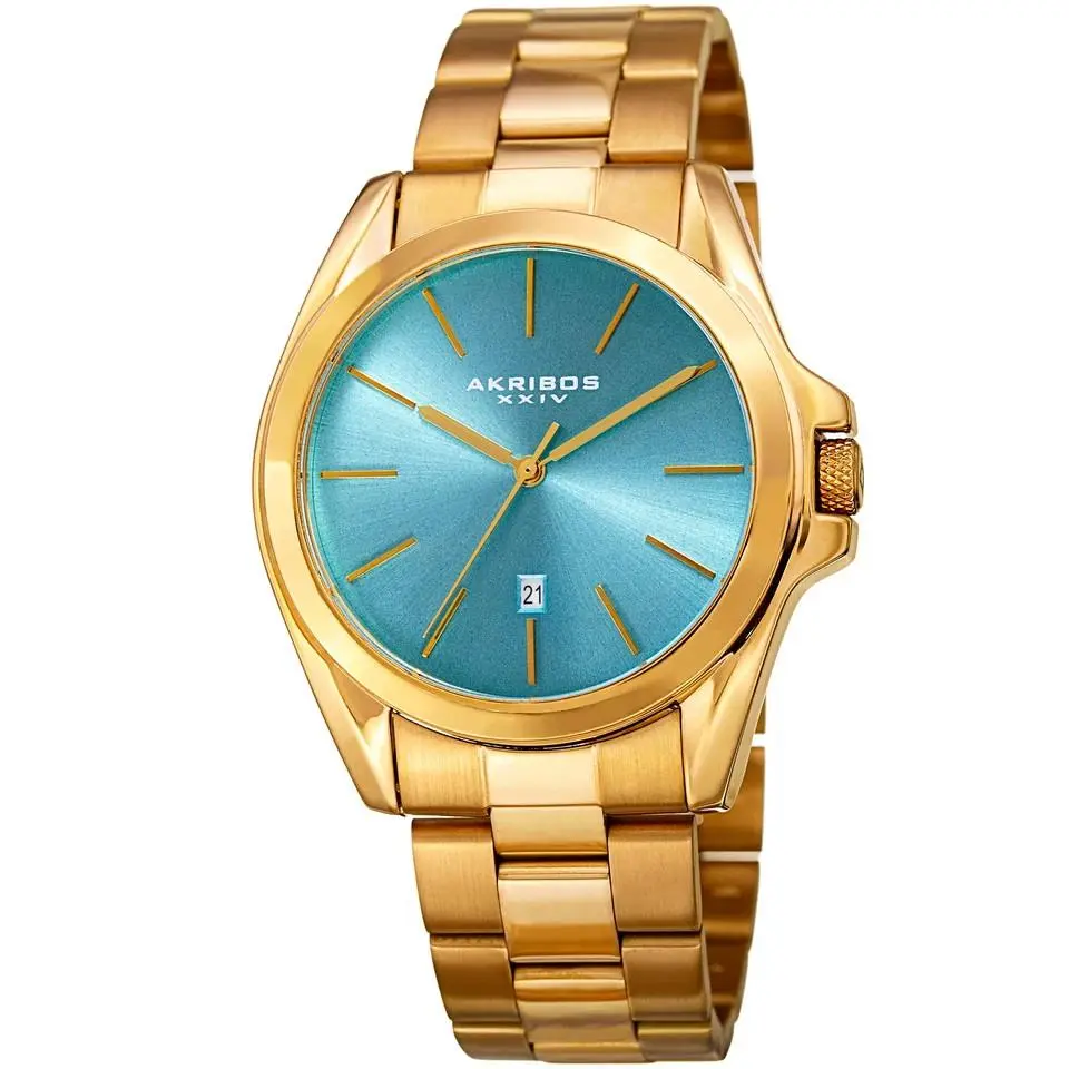 Akribos Xxiv AK948YGTQ Men`s Turquoise Sunburst Dial Date Quartz Bracelet Watch