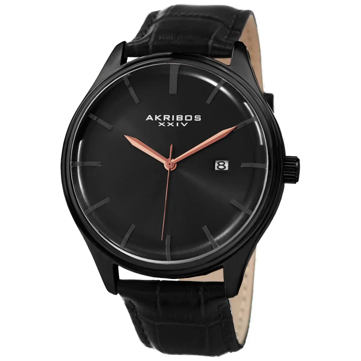 Men`s Akribos Xxiv AK914BK Black Leather Embossed Crocodile Pattern Watch