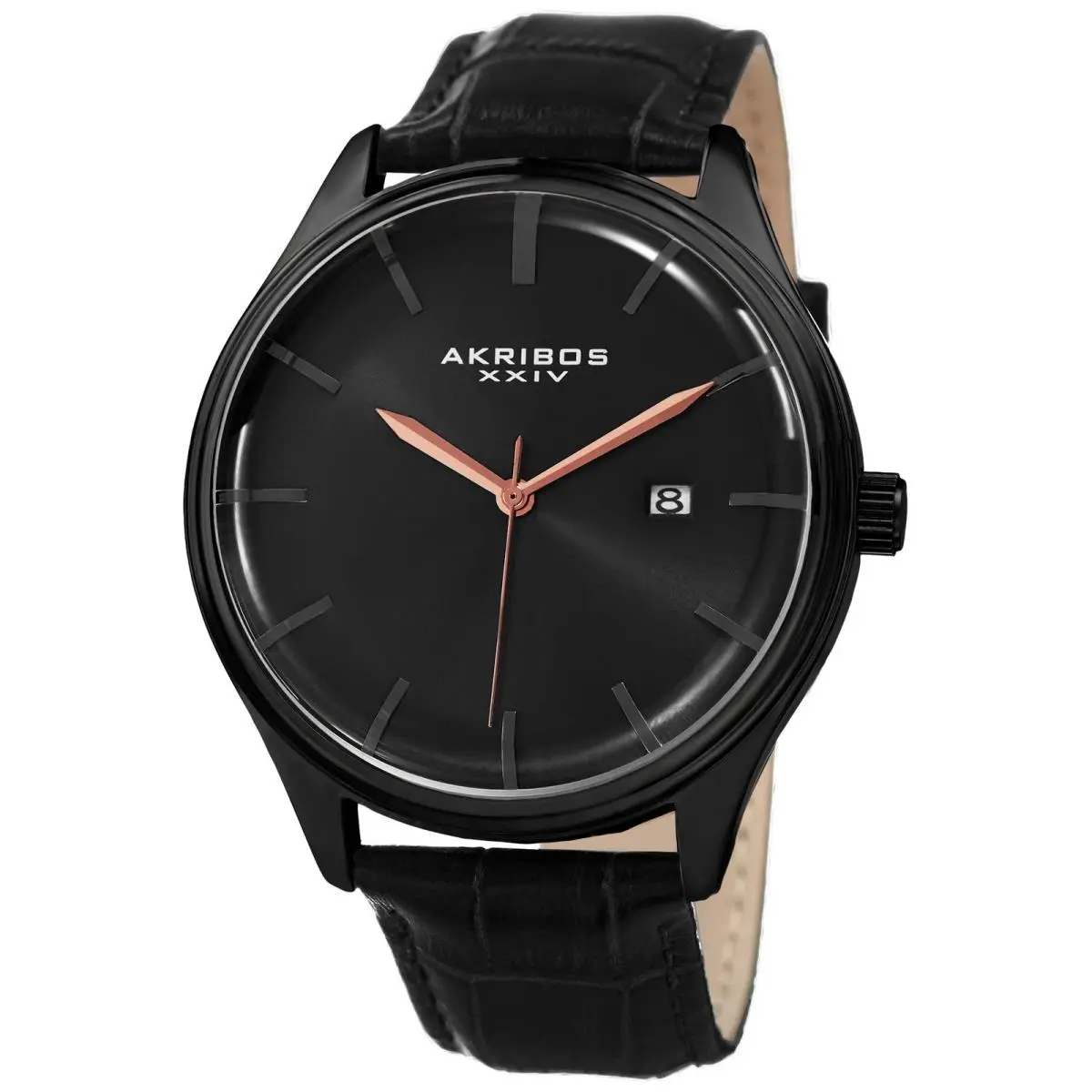 Akribos Xxiv AK914BK Men`s Black Leather Embossed Crocodile Pattern Watch