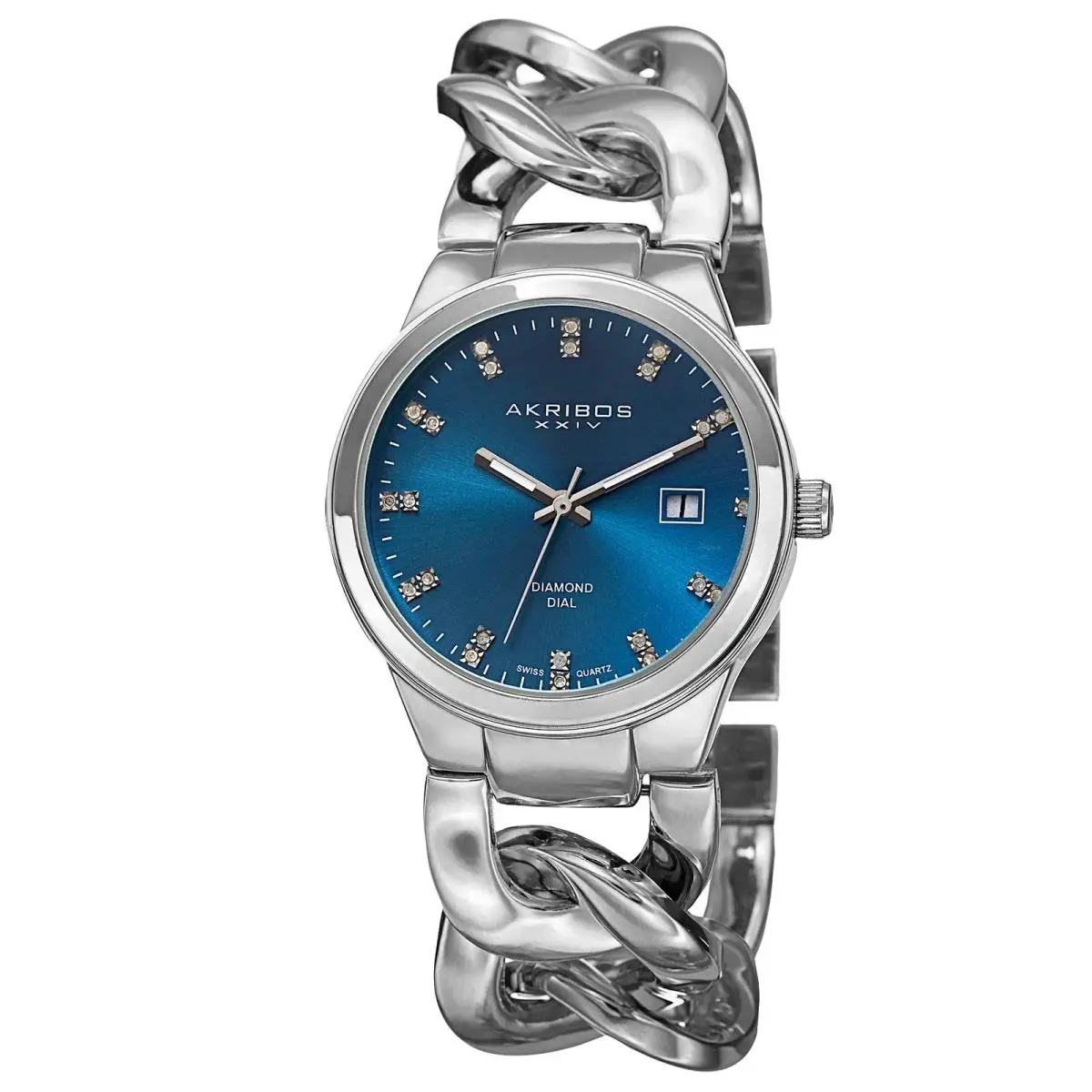 Women`s Akribos Xxiv AK759SSTQ Swiss Diamond Turquoise Dial Chain Bracelet Watch