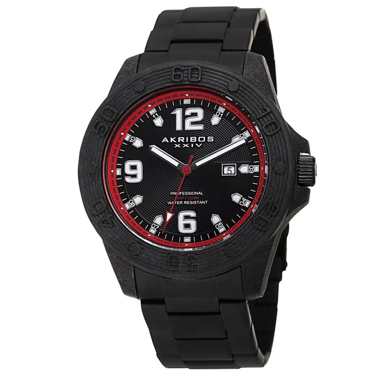 Akribos Xxiv AK797RD Men Quartz Divers Black Red Stainless Steel Bracelet Watch