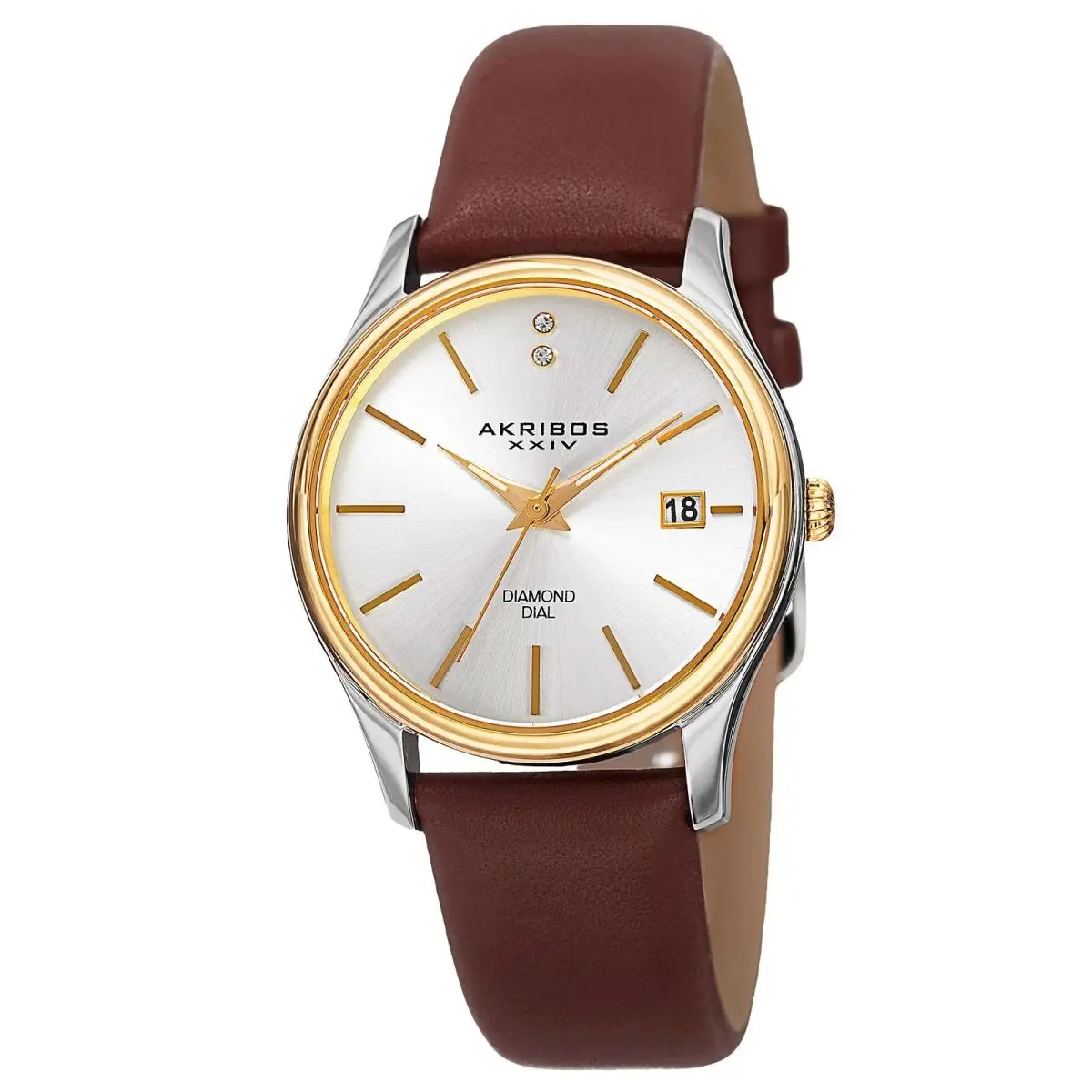 Women`s Akribos Xxiv AK879BR Date Diamond Silver Dial Brown Leather Strap Watch