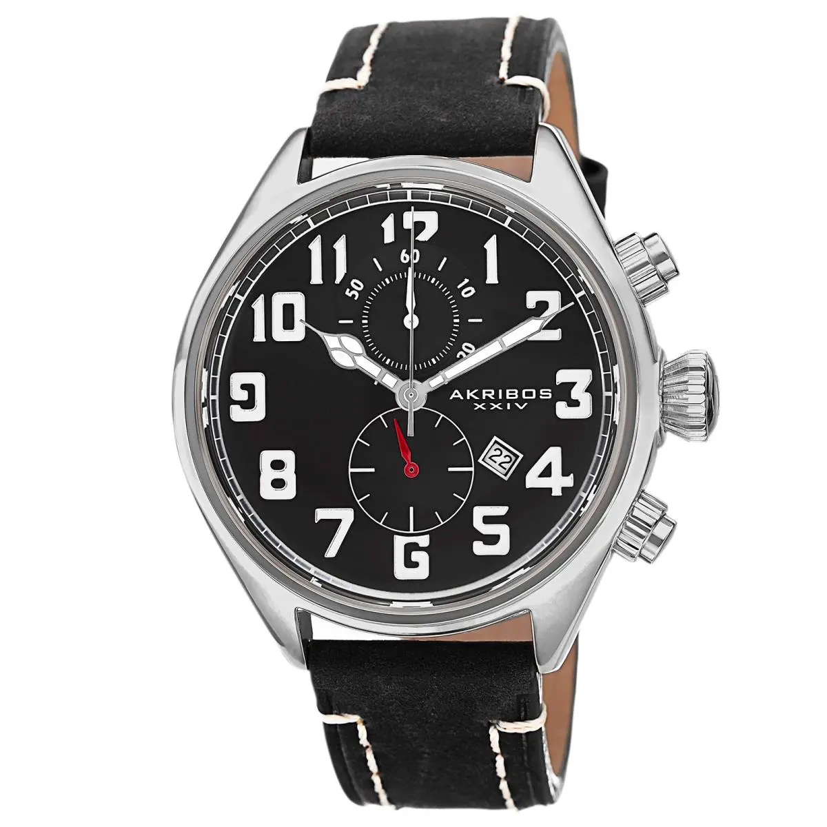 Men`s Akribos Xxiv AK706SSB Quartz Chronograph Date Black Leather Watch