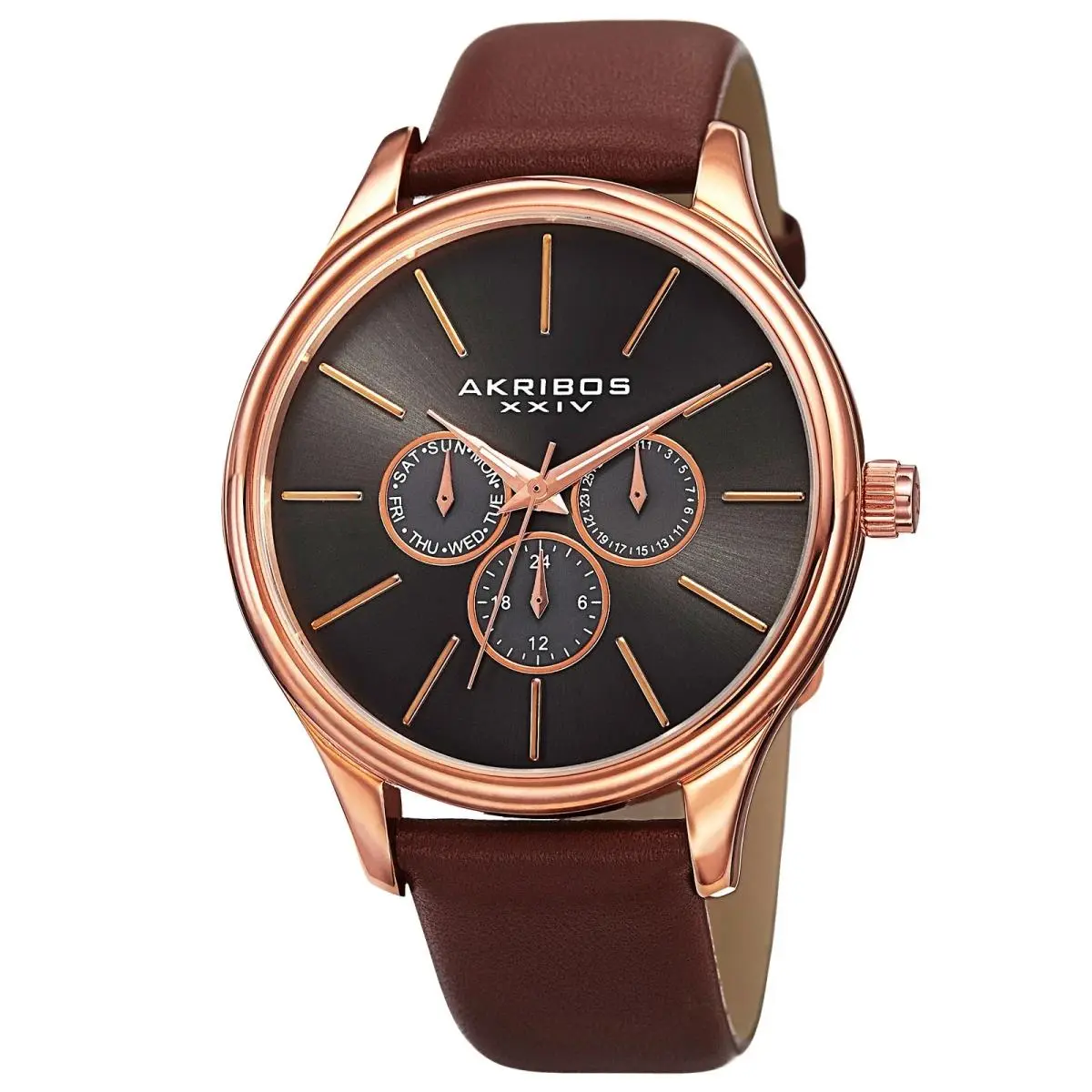 Akribos Xxiv AK870RG Quartz Day/date Sunray Dial Brown Leather Strap Men Watch