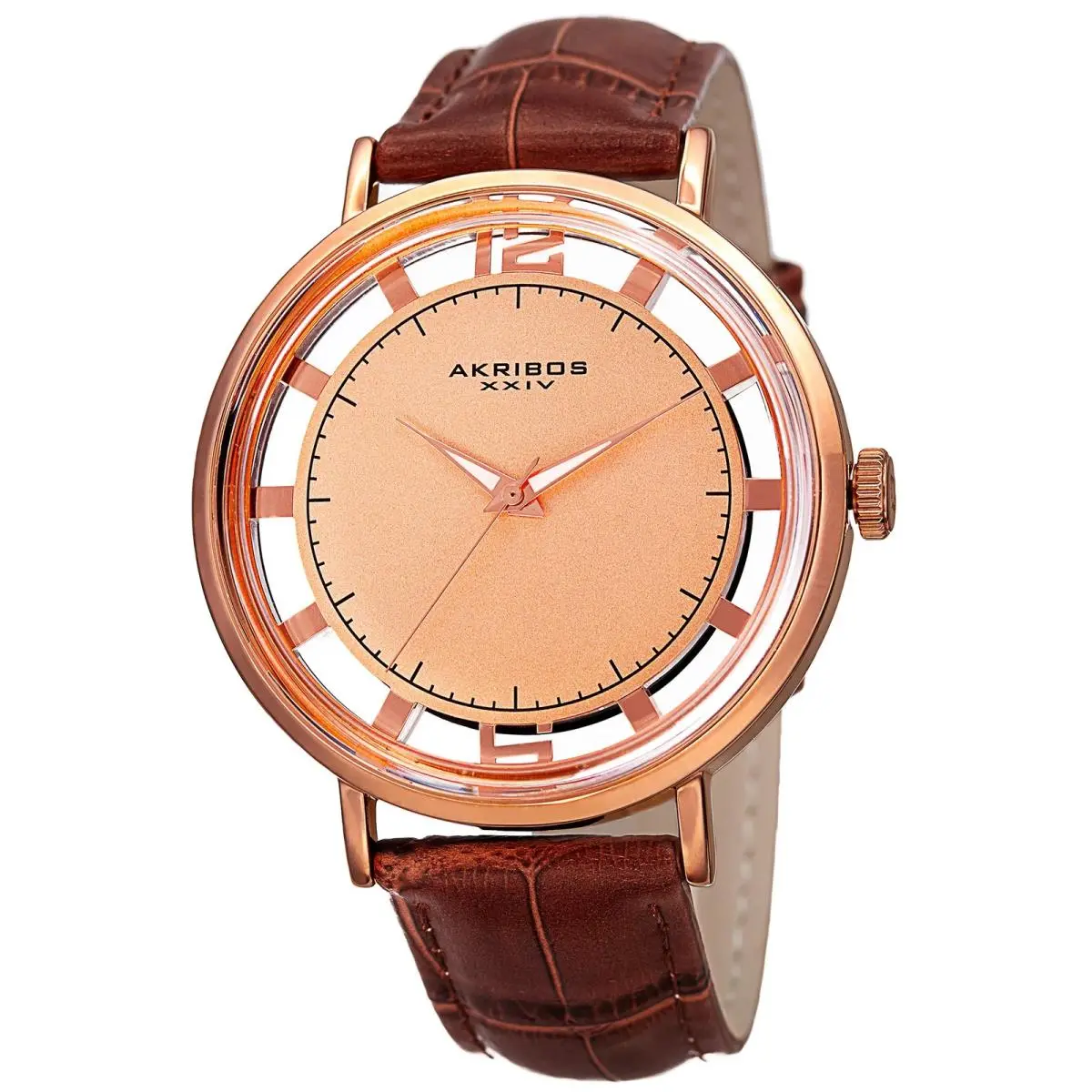 Akribos Xxiv AK860RGBR Men`s Rose-tone Transparent Dial Brown Leather Watch