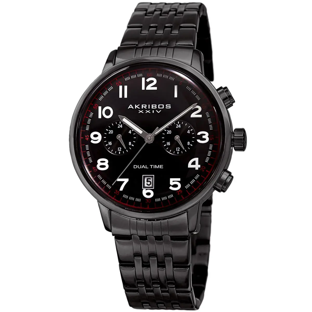 Men`s Akribos Xxiv AK942BK Black Two Time Zone Domed Crystal Bracelet Watch