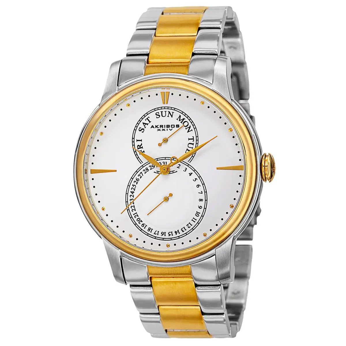 Mens Akribos Xxiv AK728TTG Multifunction Day/date Two-tone Stainless Steel Watch
