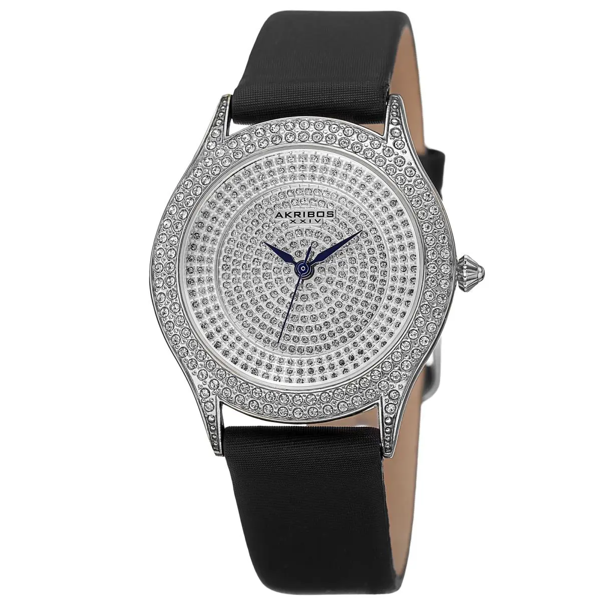 Women`s Akribos Xxiv AK896SS Silver-tone Crystal Pave Black Satin Strap Watch