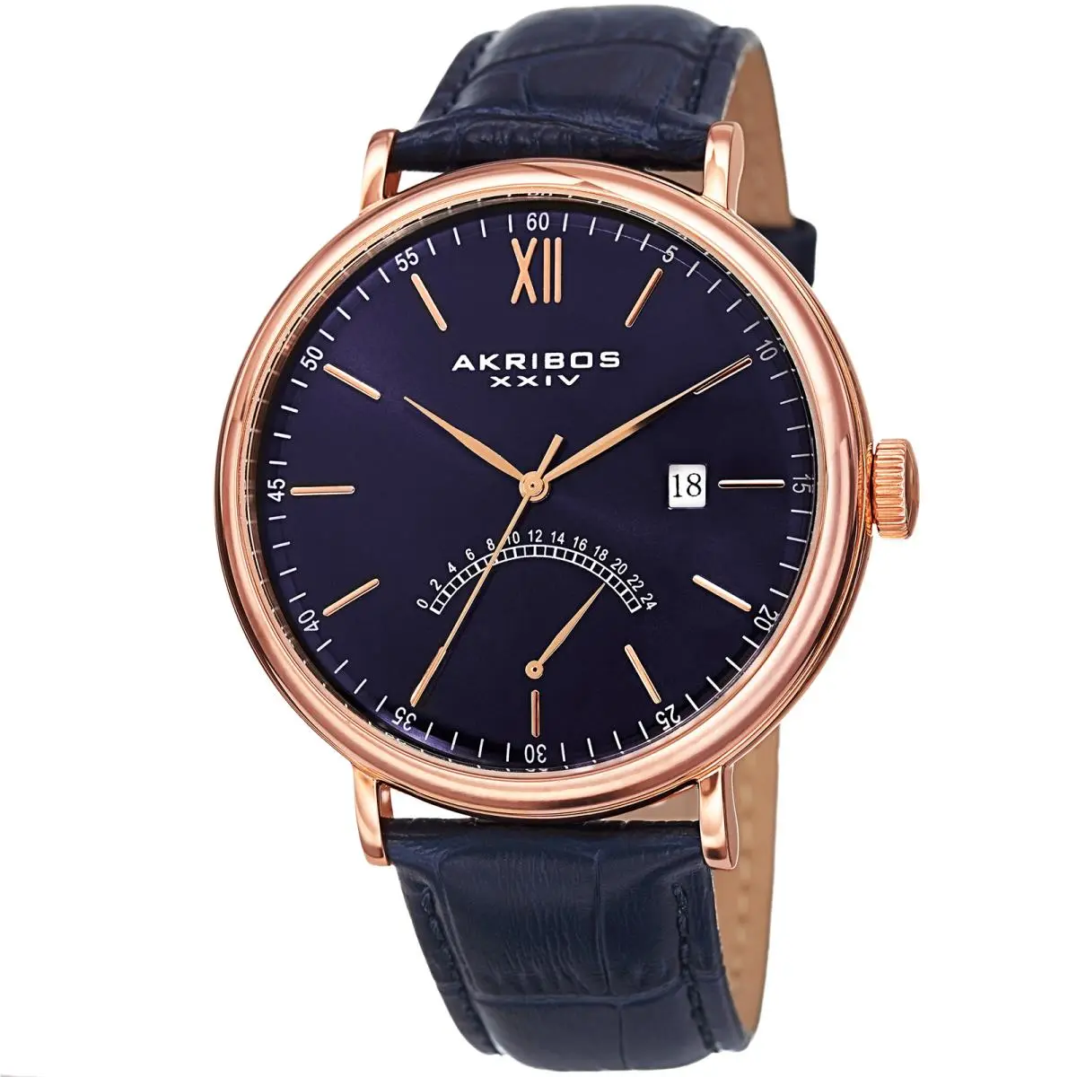Men`s Akribos Xxiv AK845RGBU Rose-tone Retrograde Blue Leather Strap Watch by Akribos XXIV