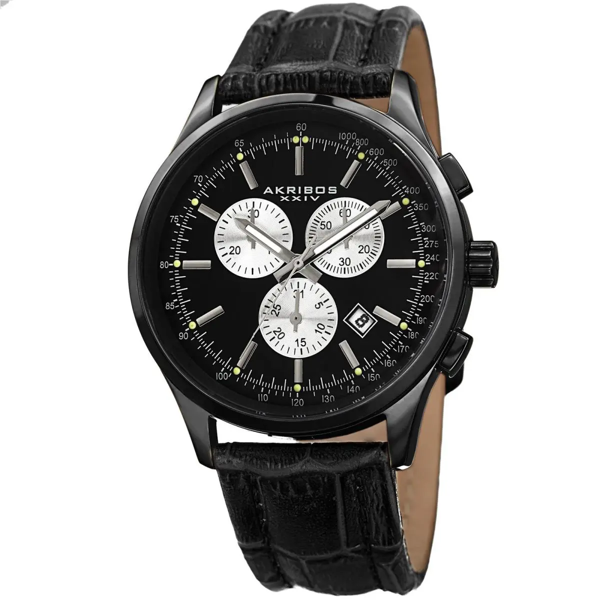 Men`s Akribos Xxiv AK863BK All Black Dial Chronograph Leather Strap Watch