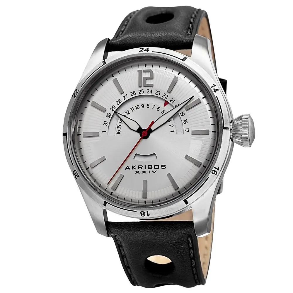 Men`s Akribos Xxiv AK850SS Silver-tone Retrograde Date Black Leather Strap Watch by Akribos XXIV