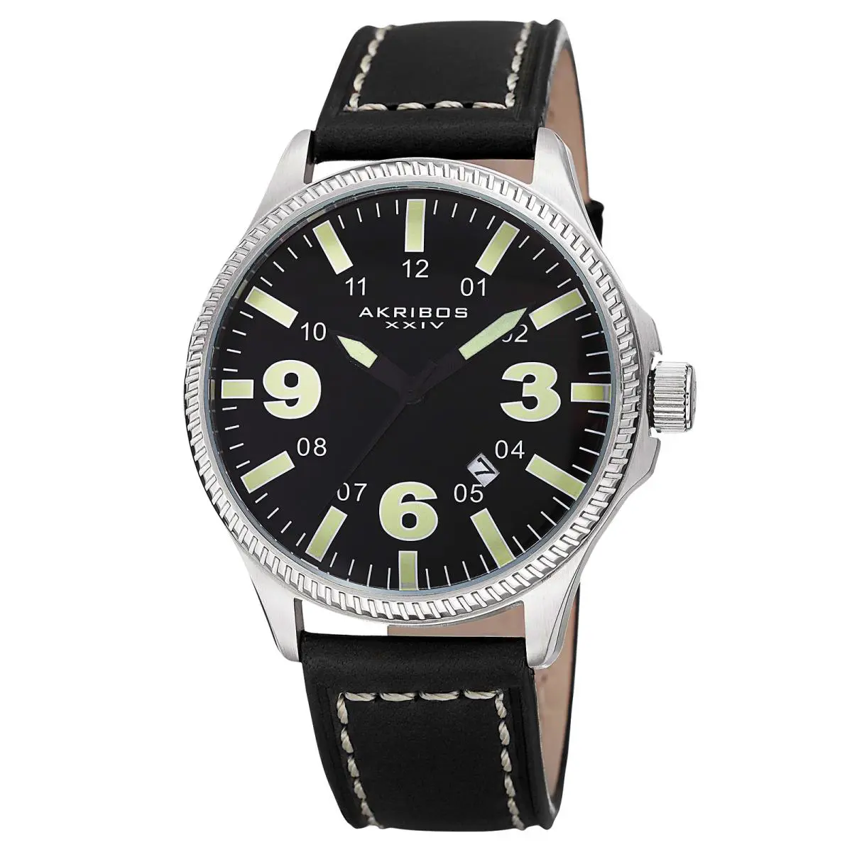 Men`s Akribos Xxiv AK833GN Easy-to-read Quartz Date Black Leather Watch