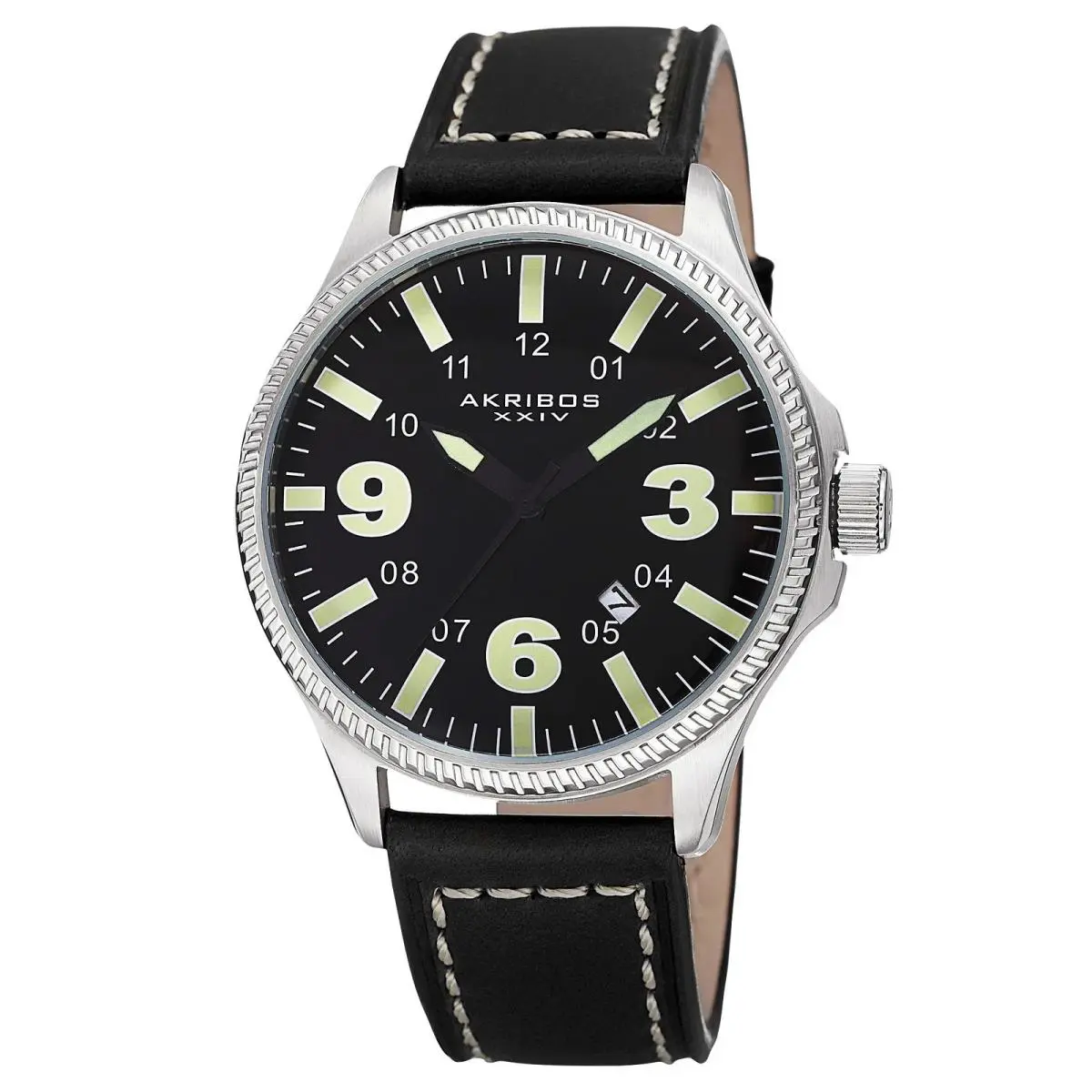 Men`s Akribos Xxiv AK833GN Slim Quartz Date Black Leather Strap Mens Watch