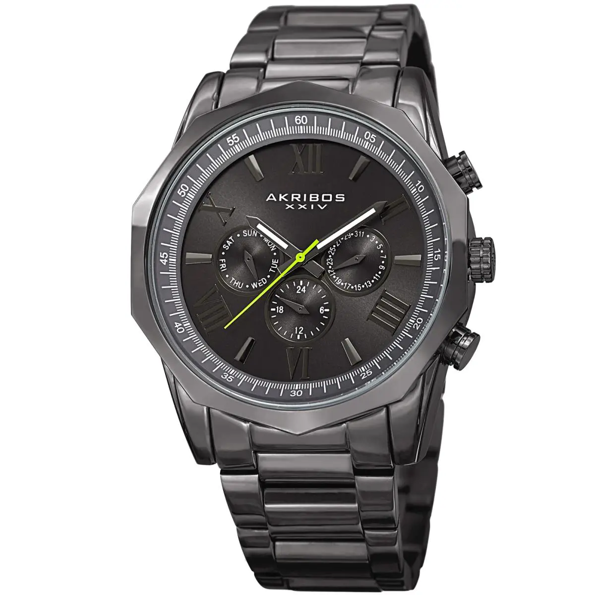Men`s Akribos Xxiv AK940GN Two Time Zone Black Dodecagonal Steel Bracelet Watch by Akribos XXIV