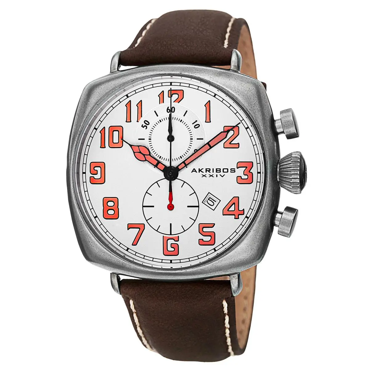 Men`s Akribos Xxiv AK786WT Quartz Chronograp White Dial Leather Strap Watch
