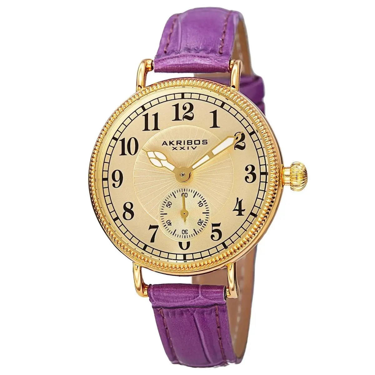Women`s Akribos Xxiv AK828PU Quartz Yellow Gold Dial Bright Purple Leather Watch