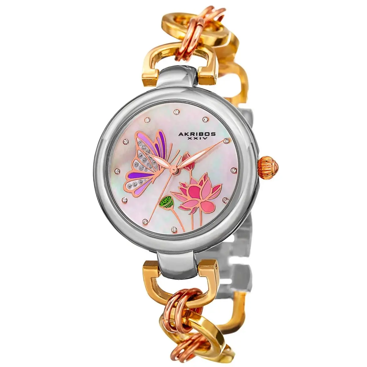 Women`s Akribos Xxiv AK934TRI White Mother of Pearl Dial Rose Gold Tone Watch