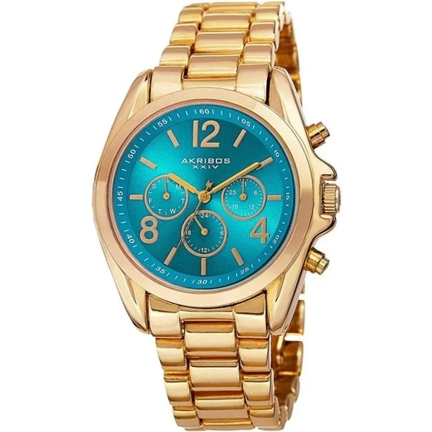 Akribos Xxiv AK760YGTQ Day Date Gmt Swiss Quartz Turquoise Goldtone Womens Watch