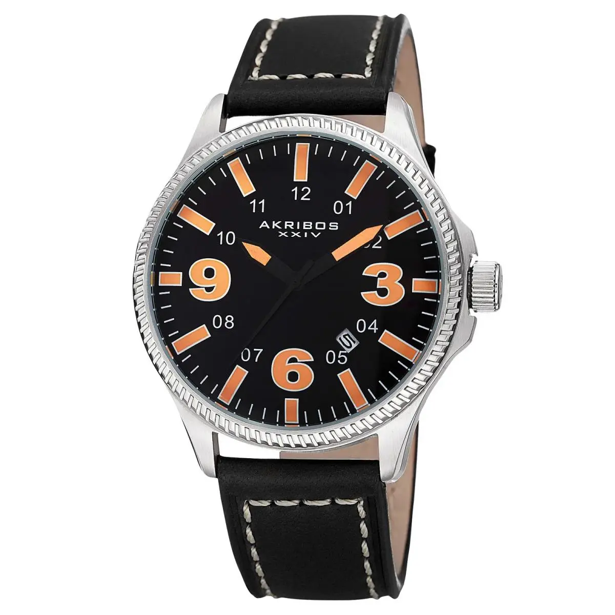Men`s Akribos Xxiv AK833OR Slim Quartz Date Black Leather Stainless Steel Watch