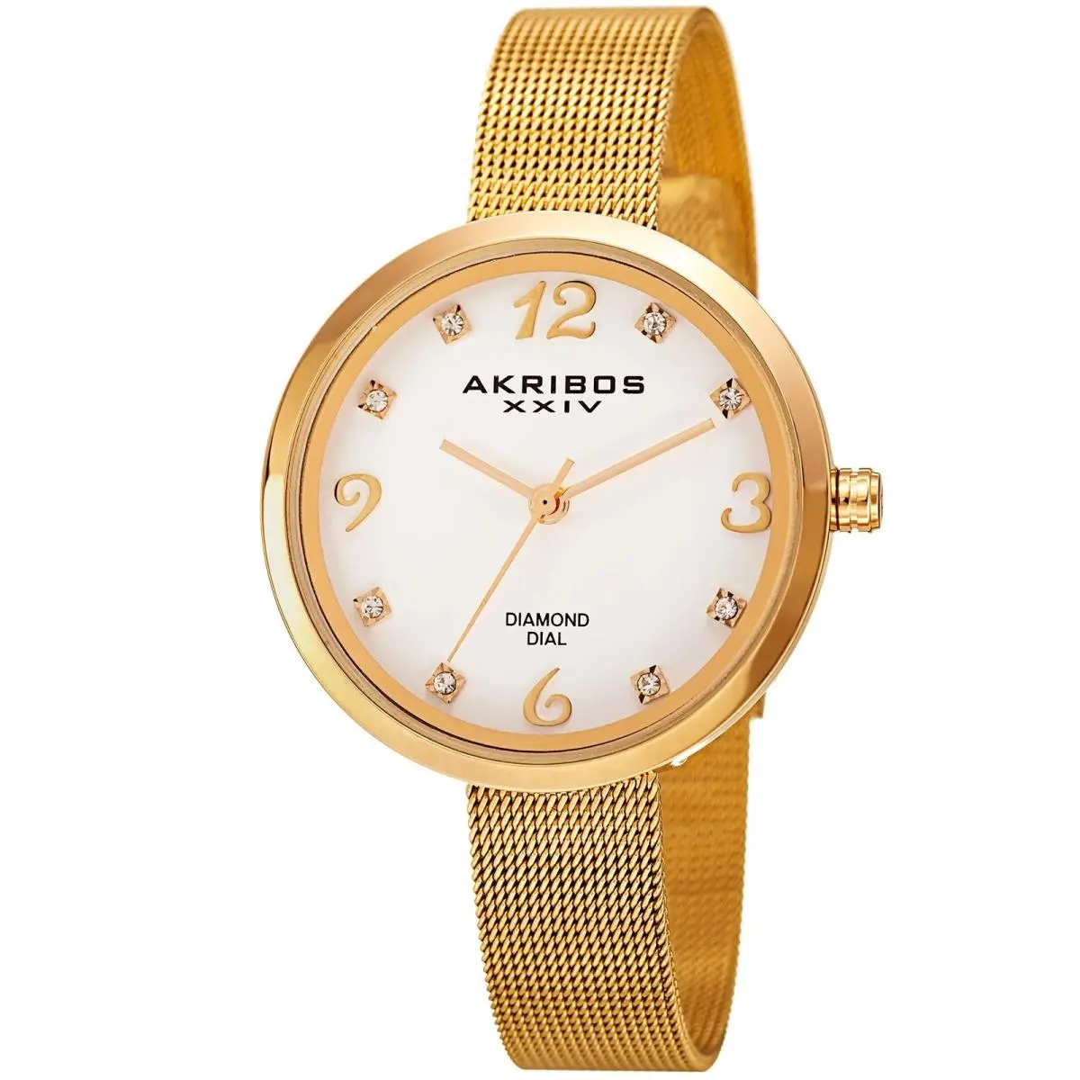 Women`s Akribos Xxiv AK875YG Gold-tone Diamond White Dial Mesh Bracelet Watch