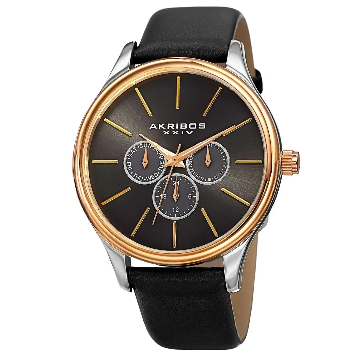 Akribos Xxiv AK870YGB Men`s Day/date Sunray Dial Black Leather Strap Watch