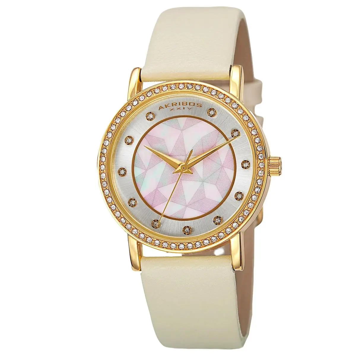 Women`s Akribos Xxiv AK791YG Quartz Movement Mop Pattern Dial Cream Strap Watch